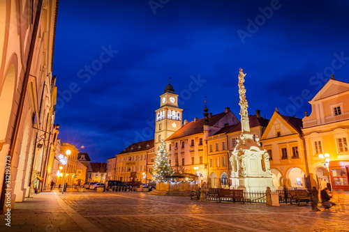 Night over Masaryk square. Center of a old town of Trebon, Czech Republic.