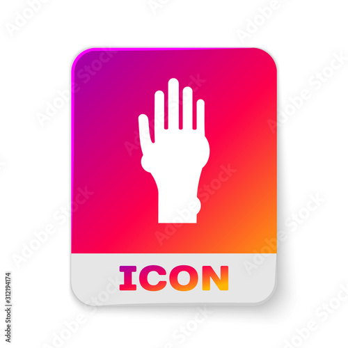 White Hand with psoriasis or eczema icon isolated on white background. Concept of human skin response to allergen or chronic body problem. Rectangle color button. Vector Illustration