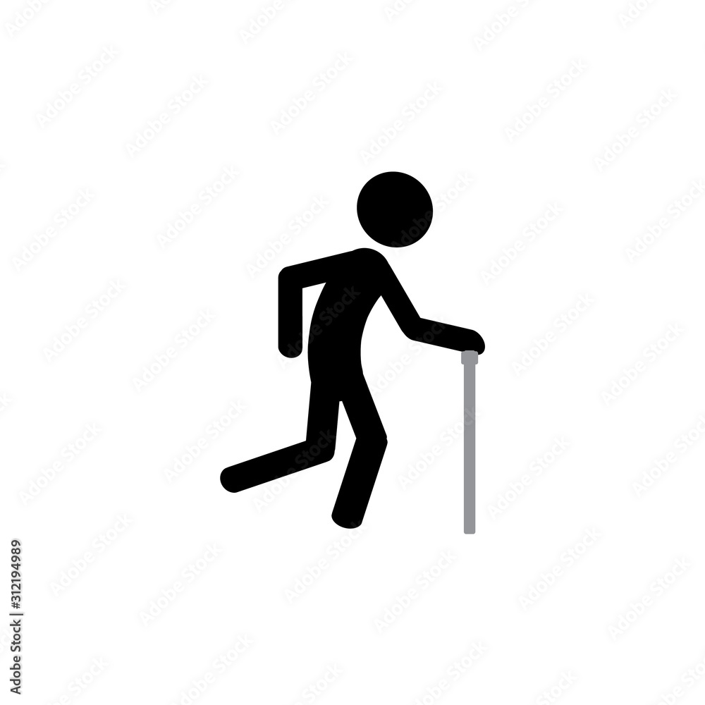 Stick man walks leaning on a cane