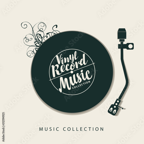 Vector music poster with vinyl record, record player and calligraphic lettering in retro style. Can be used as design elements for flyer, card, brochure, invitation