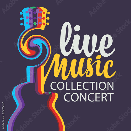 Vector music poster with acoustic guitar and calligraphic inscription Live music. Can be used as design element for banner, flyer, card, brochure, invitation, cover