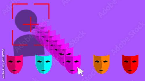 Acronym Deepfake, Deep Fake and false, profound learning. Replacing images using artificial neural networks. User icon illustration with various masks. Button on elegant lilac background. Option. 