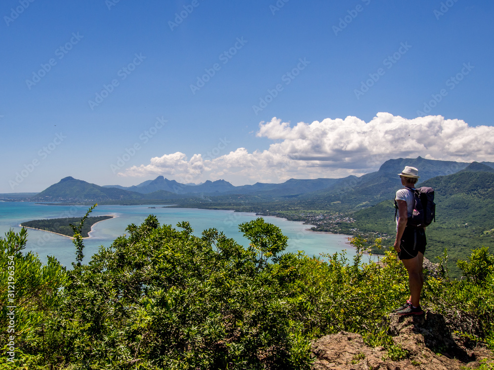 View from Le Morne Brabant mountain to west coast of Mauritius tropical island