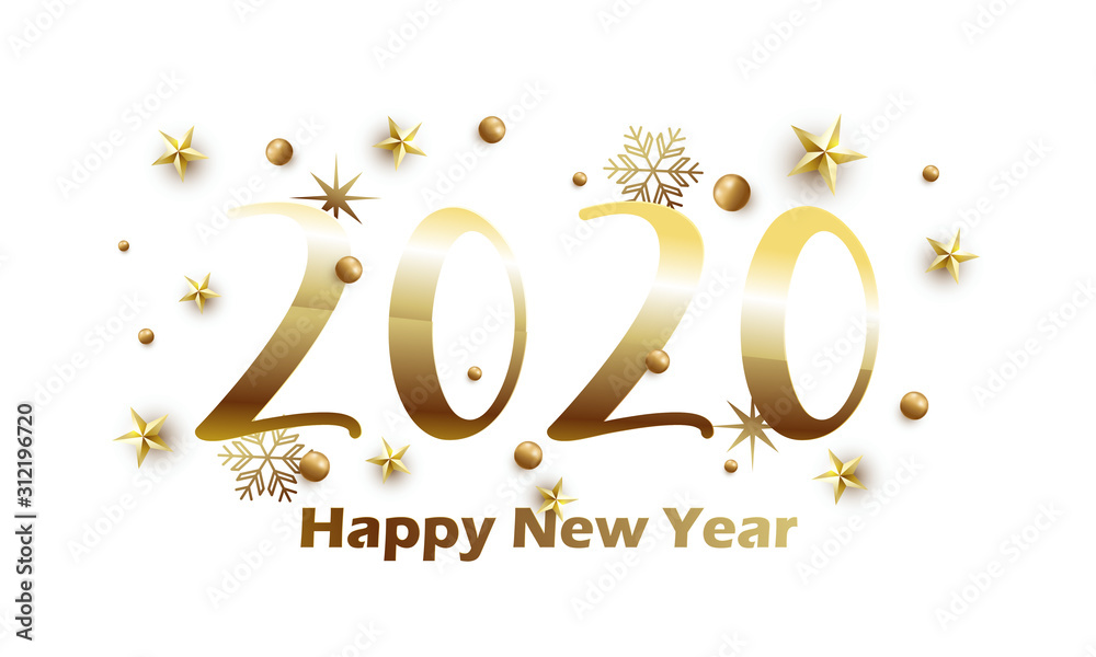 Fototapeta 2020 hand written lettering with golden Christmas stars on a white background. Happy New Year card design.