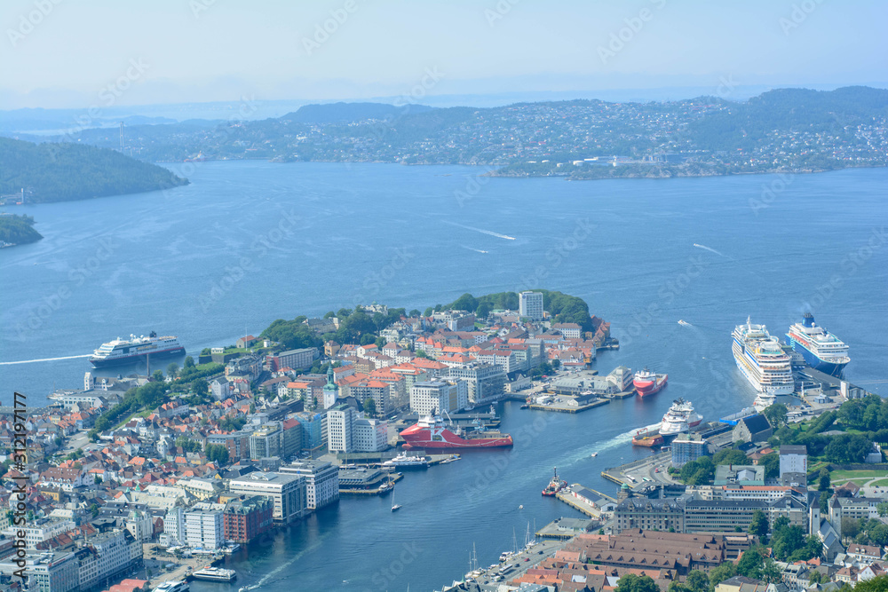 View of the port and city of Bergen from mount Floen