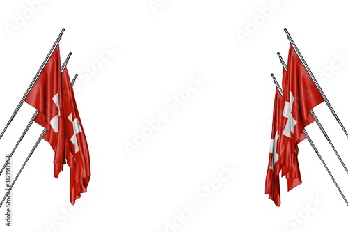 wonderful any holiday flag 3d illustration. - many Switzerland flags hangs on in corner poles from left and right sides isolated on white