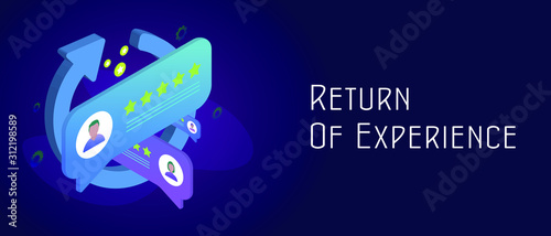 ROX - Return On Experience isometric concept with which marketers measure the purchase experience of their consumers. Header and footer banner template with text.
