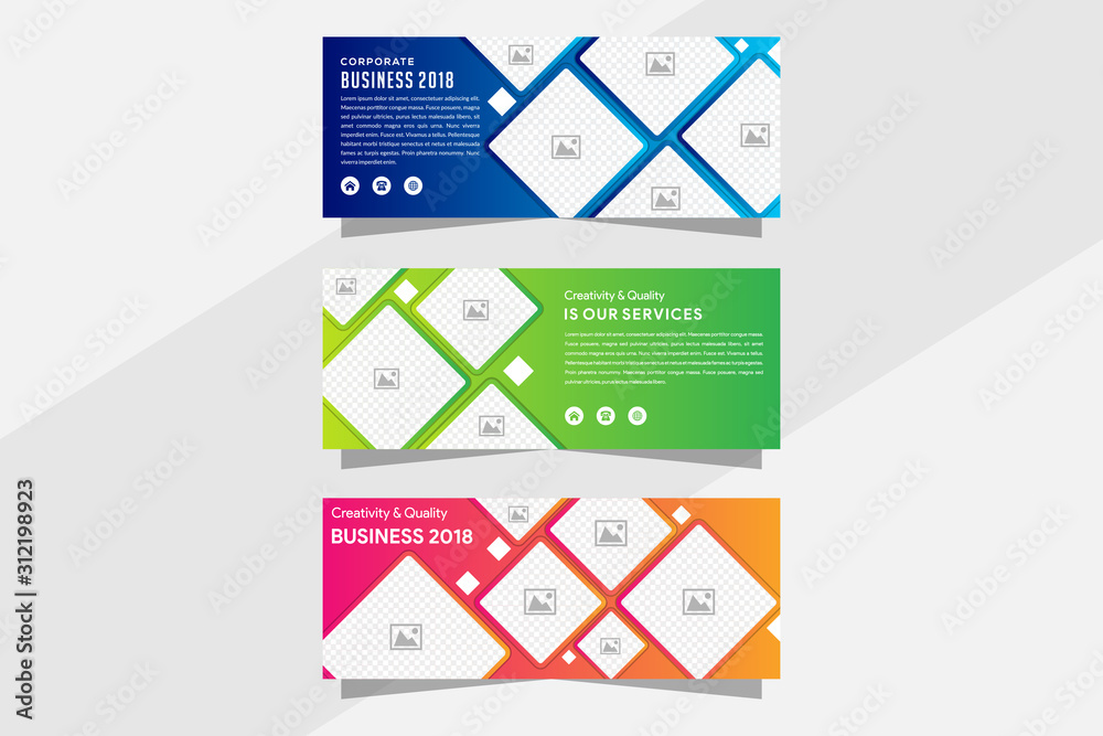 Set of gradient blue, orange, pink and green vector web banners with place for photo collage. Design A standard size template for business and advertising with a modern gradient background.