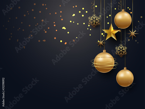 vector illustration realistic celebration decoration balls, snowflakes and stars. merry christmas & Happy new year 2020.