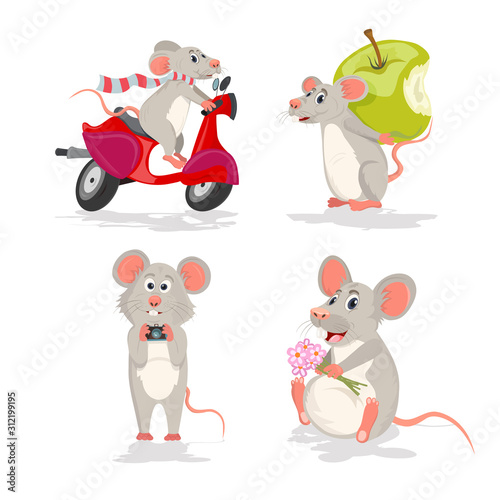 Vector set with the mouse or rat. Mouse on a scooter, mouse with apple, mouse with camera and mouse with flowers