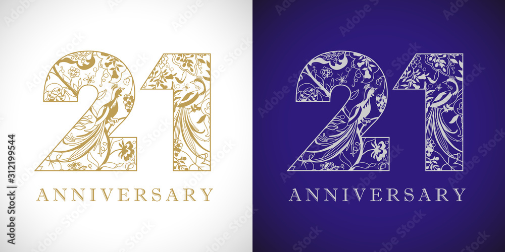 21 years old logotype. 21 st anniversary numbers. Decorative symbol. Age congrats with peacock birds. Isolated abstract graphic design template. Royal golden digits up to 21% -21% percent off discount