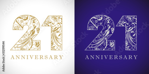 21 years old logotype. 21 st anniversary numbers. Decorative symbol. Age congrats with peacock birds. Isolated abstract graphic design template. Royal golden digits up to 21% -21% percent off discount