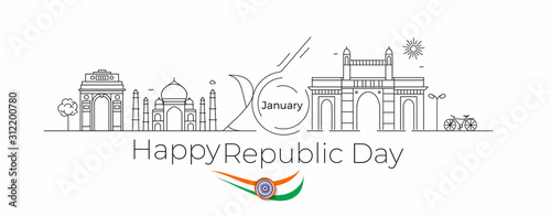 26 january Republic day concept - India Gate Taj Mahal & Gateway Of India Mumbai,  Line art vector illustration.