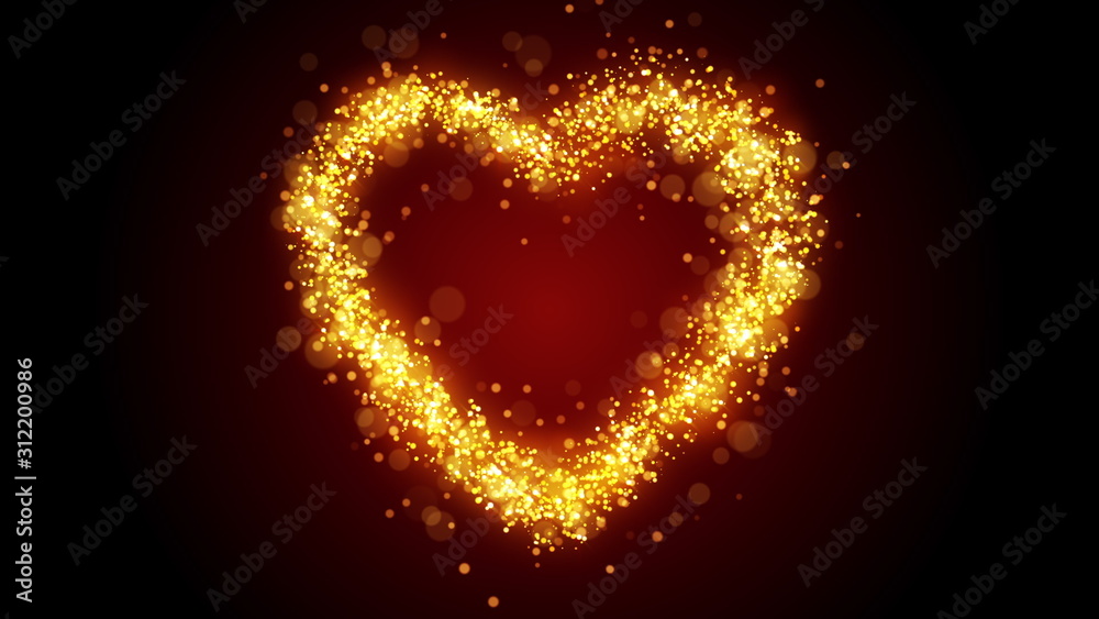 Valentines day festive and luxury heart 3D illustration. Bright and vibrant glittering particles form a glowing heart shape with sequins. Bright red and colorful love and romance holiday background