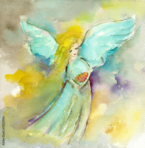 Christmas New year fairy angel watercolor painting hand drawn on paper element or clip art for card or your design