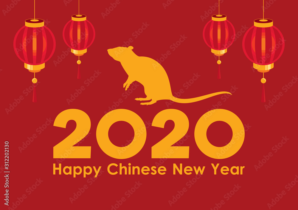 Chinese New Year 2020 year of the rat vector. Gold inscription Happy Chinese New Year. Golden rat silhouette vector. 2020 Chinese New Year with red lanterns Chinese New Year 2020 year of the rat vector. Gold inscription Happy Chinese New Year. Golden rat silhouette vector. 2020 Chinese New Year with red lanterns