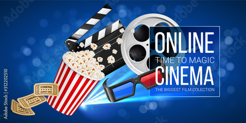 Cinematograph Concept Banner Design Template withMovie Clapper Board, Cinema Ticket, Popcorn in the Striped Bag, Film Reel and 3d Glasses Over Blue Background with Light Effects