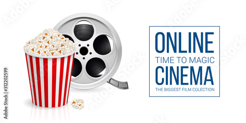 Cinematograph Concept Banner Design Template with Film Reel and Popcorn in the Striped Bag Over White Background. Cinematography Movie Festival Concept