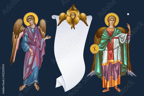 Two archangels and holy spirit. Illustration, clip art in Byzantine style photo