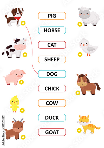Match the words. Cute kawaii farm animals. Learn english vocabulary. Educational game for children. Activity worksheet. Vector cartoon characters.