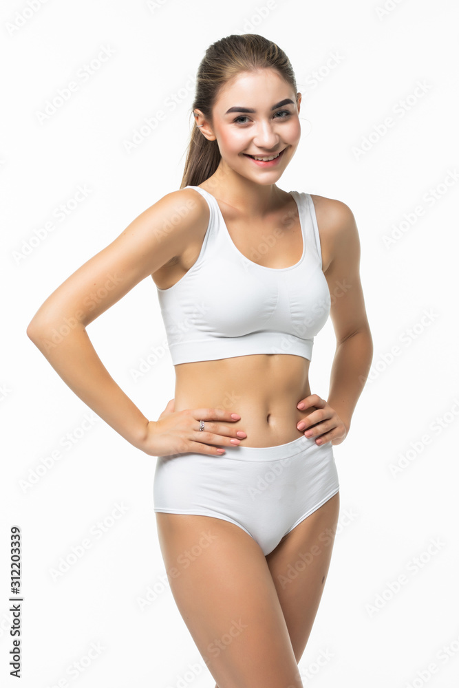 Beautiful woman with perfect body in white underwear isolated on white background Beautiful woman with perfect body in white underwear isolated on white background