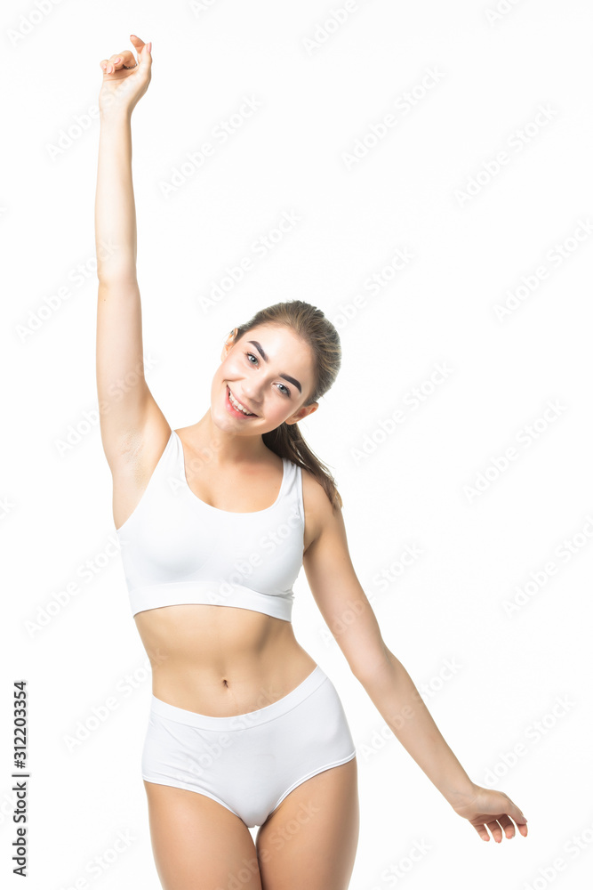 Beautiful woman with perfect body in white underwear isolated on white background Beautiful woman with perfect body in white underwear isolated on white background