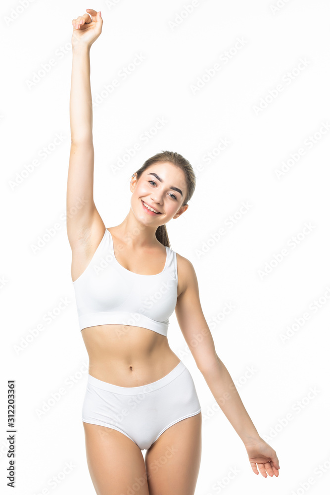 Beautiful woman with perfect body in white underwear isolated on white background Beautiful woman with perfect body in white underwear isolated on white background