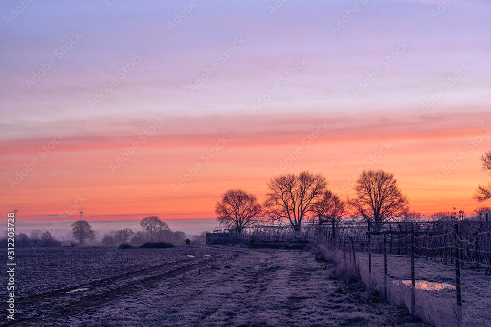 Horse equestrian course in the morning sunrise with frost on the muddy ground