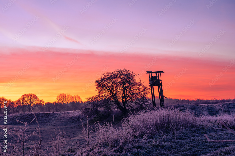 A small hunting tower in a frozen cold forest on a sunny day. A small hunting tower in a frozen cold forest on a sunny day.