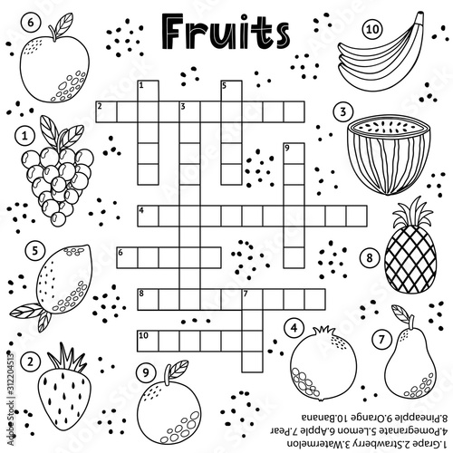 Black and white crossword puzzle game with fruits for kids