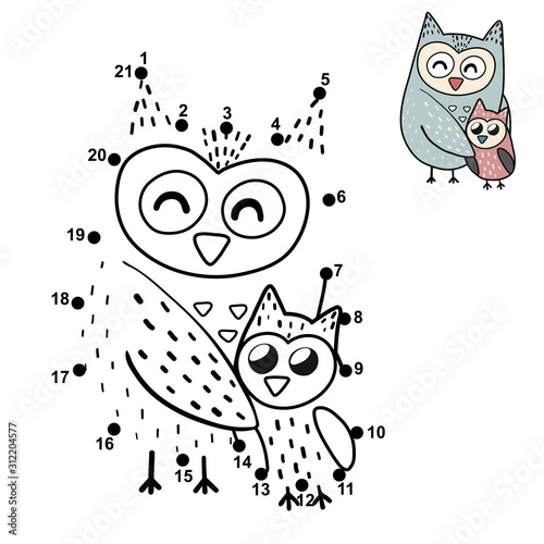 Dot to dot game for children with a cute mother owl and her baby