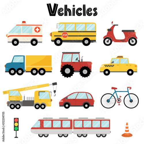 Set of city transport with car, bus, crane, ambulance, tractor,