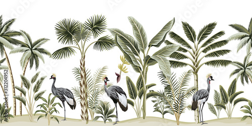 Botanisch junglepatroon met kraanvogel wit