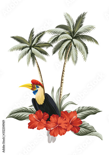 Tropical palm trees  palm leaves  hibiscus flower  exotic bird floral illustration. Exotic jungle summer print.