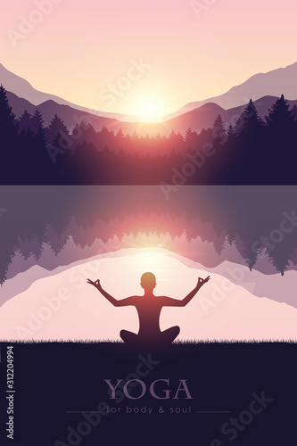 yoga for body and soul meditating person silhouette by the lake with mountain landscape vector illustration EPS10