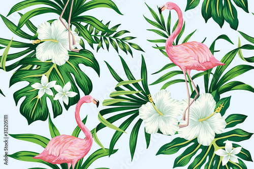 Tropical white hibiscus plumeria floral green leaves seamless pattern pink flamingo blue background. Exotic jungle wallpaper.