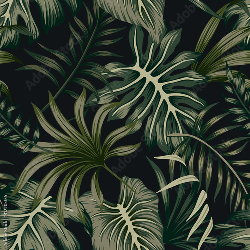 Tropical green palm leaves floral seamless pattern black background. Exotic jungle wallpaper.