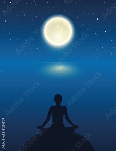 yoga meditating person silhouette by the ocean with full moon and starry sky vector illustration EPS10
