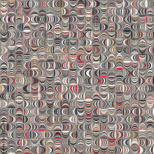 Intricate ornate tiling geo curve graphical motif in red and neutral colors with linen fabric texture overlay. Seamless repeat vector pattern swatch.