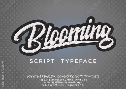 Blooming. Lettering print on sticker or clothes. Script font. Vector illustration.