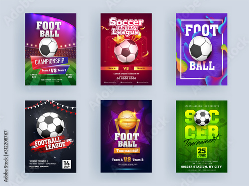 Football Championship League and Soccer Tournament Template or Flyer Design Set with Golden Trophy Cup, Crown.