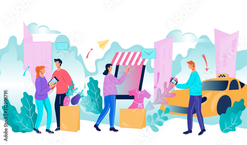 Smart intelligent city environment - choosing transportation and goods delivery via mobile app - banner concept with people using internet technology for comfortable life, flat vector illustration.