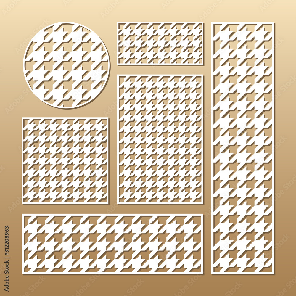 Laser cut vector panels (ratio: 1:1, 1:4, 2:1, 2:3, 3:1). Cutout silhouette with geometric pattern. The set is suitable for engraving, laser cutting wood, metal, stencil manufacturing. Laser cut vector panels (ratio: 1:1, 1:4, 2:1, 2:3, 3:1). Cutout silhouette with geometric pattern. The set is suitable for engraving, laser cutting wood, metal, stencil manufacturing.