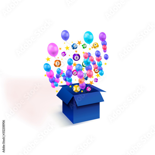 Vector Win Background, Open Magic Box with Balloons, Stars Confetti, Lottery Balls Isolated on White Background.