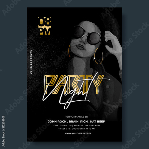 Night Party Flyer or Template Design with Modern Young Woman and Event Details on Black Texture Background.