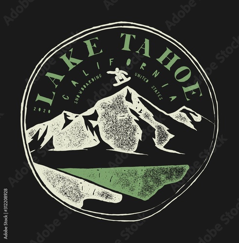 Lake Tahoe winter resort vintage badge. Snowboard t-shirt design.