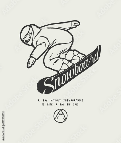 Snowboard person riding down the slope. Snowboarding character running fast. Extreme winter sports vector illustration t-shirt design.