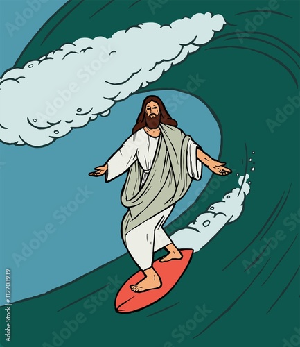 Jesus Christ surfing relaxed under a wave. Tropical vacation god character vector illustration.