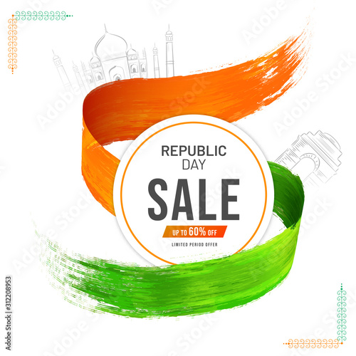 Up To 60% Off for Republic Day Sale, Advertising Poster Design with Saffron and Green Brush Strokes and Sketching Famous Monument of India.