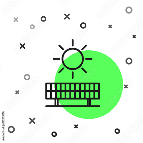 Black line Solar energy panel and sun icon isolated on white background. Vector Illustration